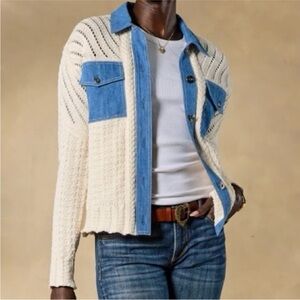 Sundance Cream Crochet Mixed Media Button-Up Denim Jacket Pockets Size Medium